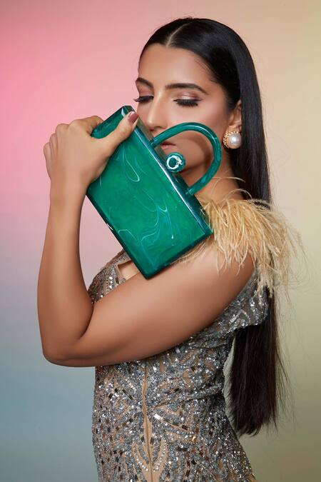 Oceana Clutches_Green Patchwork Textured Horizontal Clutch_Online_at_Aza_Fashions