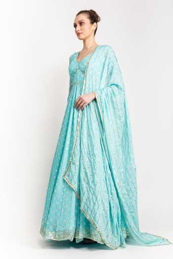 Prevasu_Blue Georgette, Dupatta Chiffon Logo, Sequin And Mirror Printed Anarkali With _Online_at_Aza_Fashions