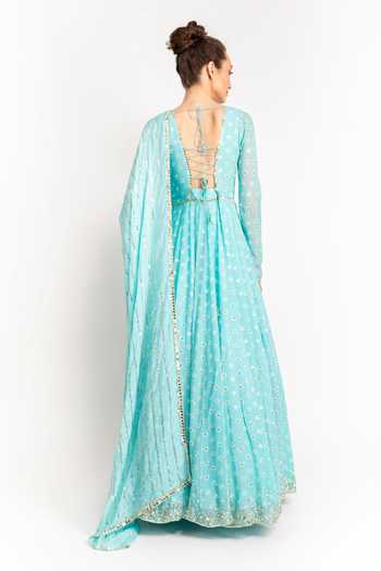 Buy_Prevasu_Blue Georgette, Dupatta Chiffon Logo, Sequin And Mirror Printed Anarkali With _Online_at_Aza_Fashions
