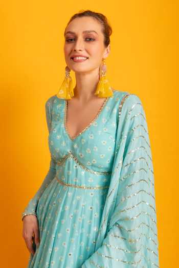 Shop_Prevasu_Blue Georgette, Dupatta Chiffon Logo, Sequin And Mirror Printed Anarkali With _Online_at_Aza_Fashions
