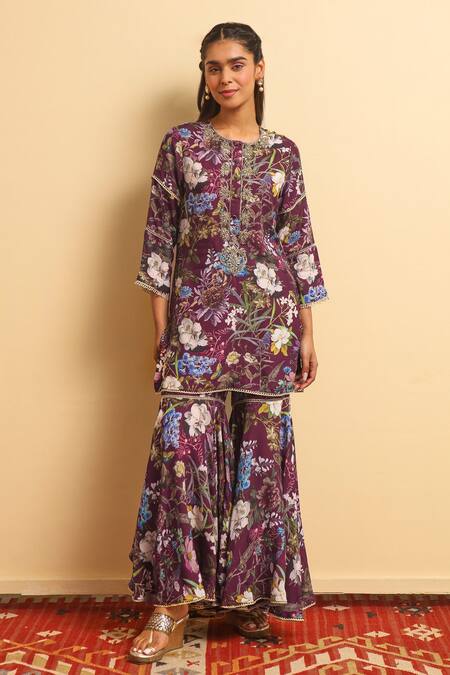 Sage Saga_Wine Chanderi , Bemberg Floral Round Mehrma Print Kurta Gharara Set_Online_at_Aza_Fashions