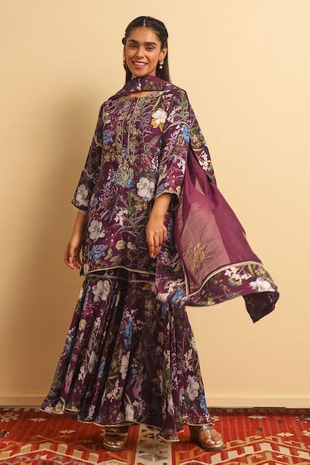 Sage Saga Wine Silk Bemberg Printed Floral Round Mehrma Kurta Gharara Set 