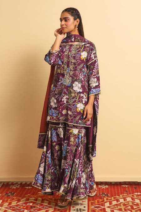 Buy_Sage Saga_Wine Chanderi , Bemberg Floral Round Mehrma Print Kurta Gharara Set_Online_at_Aza_Fashions