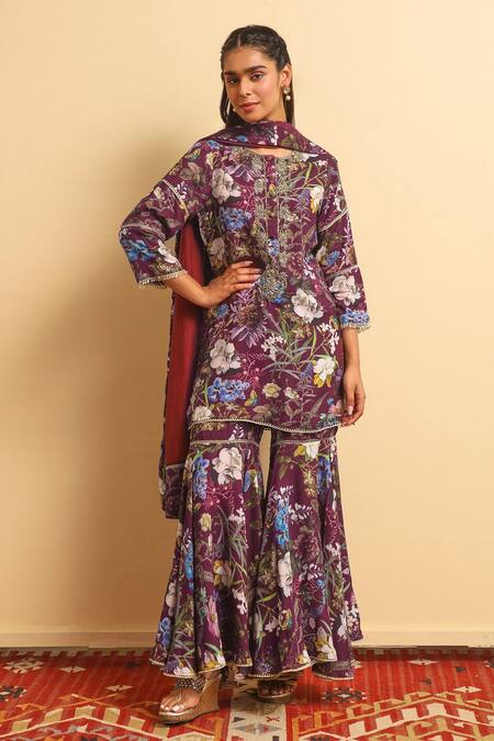 Shop_Sage Saga_Wine Chanderi , Bemberg Floral Round Mehrma Print Kurta Gharara Set_Online_at_Aza_Fashions