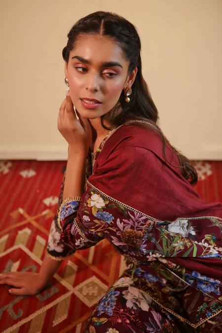 Sage Saga_Wine Chanderi , Bemberg Floral Round Mehrma Print Kurta Gharara Set_at_Aza_Fashions
