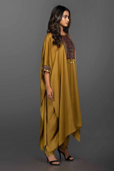 Prahnaaya_Yellow Satin Silk Round Kaftan Kurta And Dhoti Pant Set_Online_at_Aza_Fashions