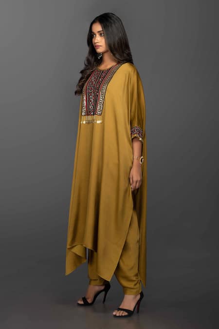Buy_Prahnaaya_Yellow Satin Silk Round Kaftan Kurta And Dhoti Pant Set_Online_at_Aza_Fashions