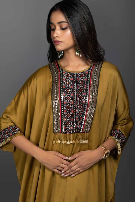 Shop_Prahnaaya_Yellow Satin Silk Round Kaftan Kurta And Dhoti Pant Set_Online_at_Aza_Fashions