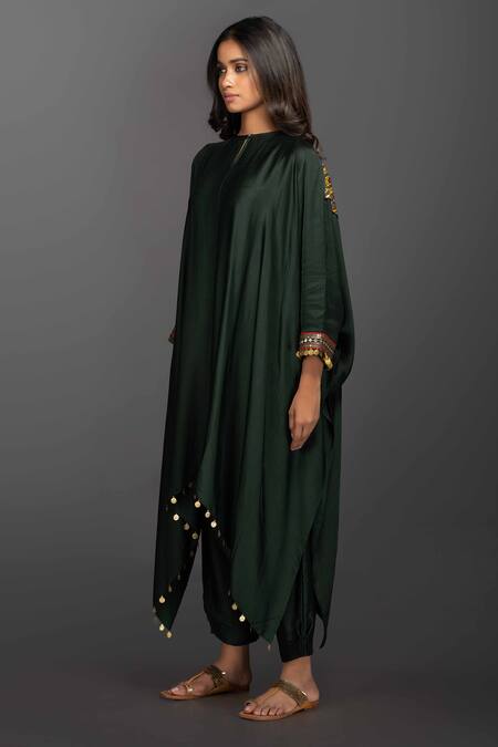 Buy_Prahnaaya_Green Satin Silk Round Embroidered Kurta And Pant Set_Online_at_Aza_Fashions