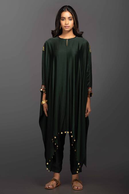 Shop_Prahnaaya_Green Satin Silk Round Embroidered Kurta And Pant Set_Online_at_Aza_Fashions