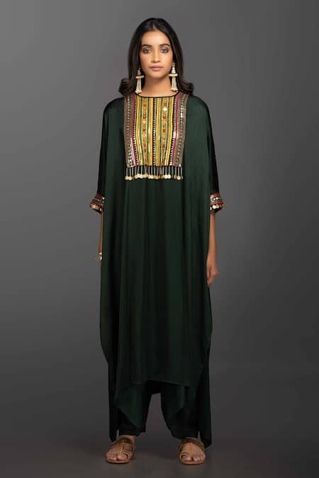 Buy_Prahnaaya_Green Satin Silk Round Kaftan Kurta And Dhoti Pant Set_Online_at_Aza_Fashions