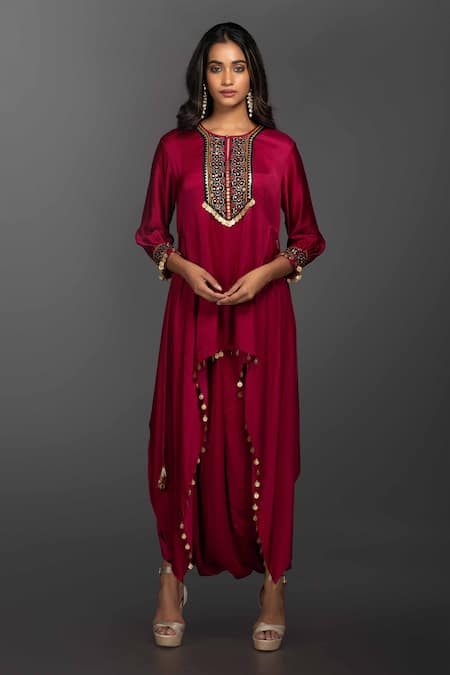 Buy_Prahnaaya_Pink Satin Silk Round Embroidered Kurta And Dhoti Skirt Set_Online_at_Aza_Fashions