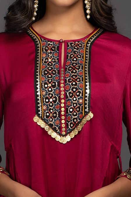 Shop_Prahnaaya_Pink Satin Silk Round Embroidered Kurta And Dhoti Skirt Set_Online_at_Aza_Fashions