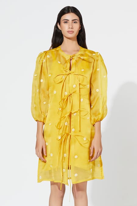 Meadow Yellow Dress Silk Organza Inner Cotton Voile Round Tie Up 