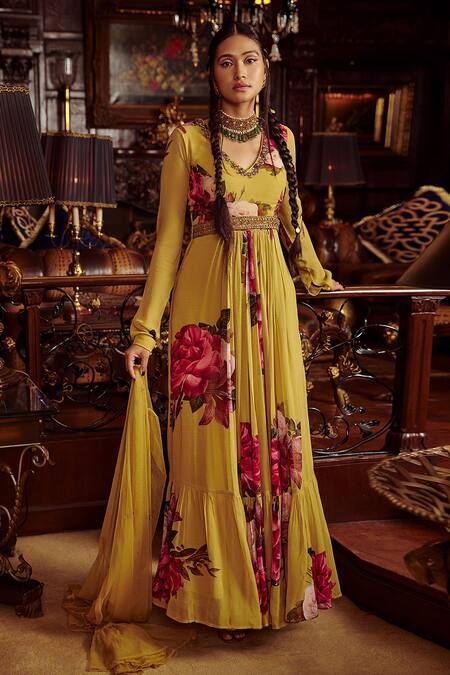 Buy Yellow Viscose Georgette Hand Painted Floral Nadira Print Anarkali ...