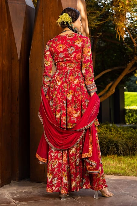 Shop_Kalista_Pink Dupatta Soft Net, Peplum Kurta And Sharara Georgette Tehseem Printed Set _at_Aza_Fashions