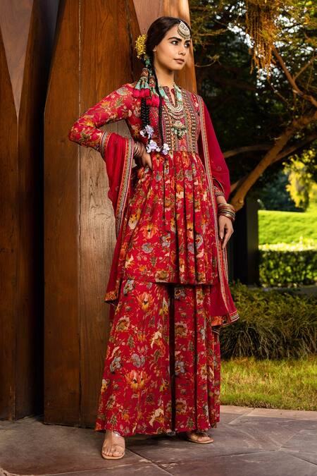 Kalista_Pink Dupatta Soft Net, Peplum Kurta And Sharara Georgette Tehseem Printed Set _Online_at_Aza_Fashions