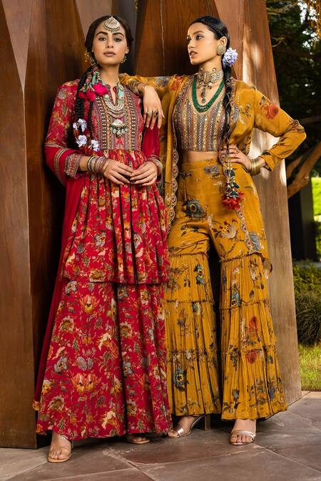 Buy_Kalista_Pink Dupatta Soft Net, Peplum Kurta And Sharara Georgette Tehseem Printed Set _Online_at_Aza_Fashions