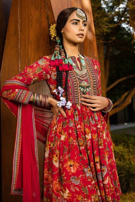 Shop_Kalista_Pink Dupatta Soft Net, Peplum Kurta And Sharara Georgette Tehseem Printed Set _Online_at_Aza_Fashions