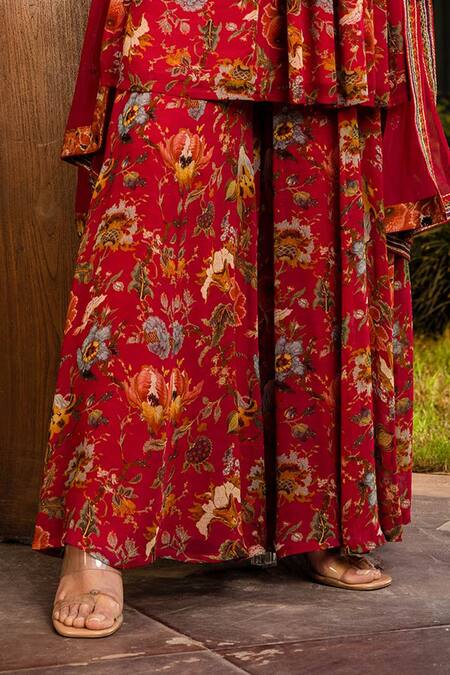 Kalista_Pink Dupatta Soft Net, Peplum Kurta And Sharara Georgette Tehseem Printed Set _at_Aza_Fashions