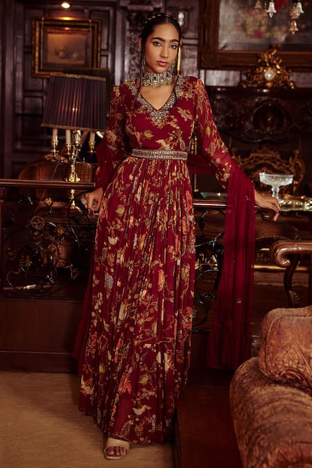 Kalista Maroon Viscose Georgette Hand Painted Floral Kiyara Print Anarkali With Dupatta 