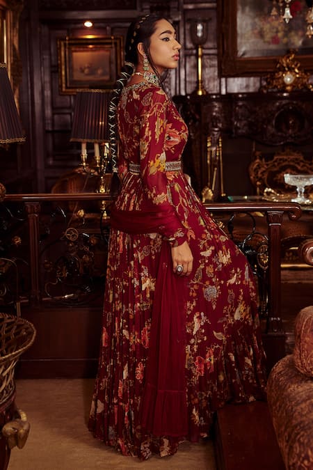 Shop_Kalista_Maroon Net, Viscose Georgette Bead Work, Kiyara Print Anarkali With Dupatta _at_Aza_Fashions