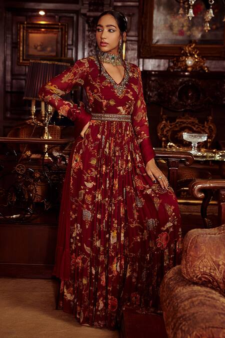 Kalista_Maroon Net, Viscose Georgette Bead Work, Kiyara Print Anarkali With Dupatta _Online_at_Aza_Fashions