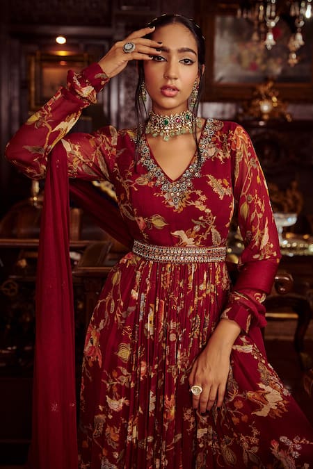 Buy_Kalista_Maroon Net, Viscose Georgette Bead Work, Kiyara Print Anarkali With Dupatta _Online_at_Aza_Fashions