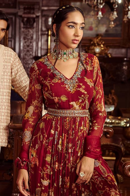 Shop_Kalista_Maroon Net, Viscose Georgette Bead Work, Kiyara Print Anarkali With Dupatta _Online_at_Aza_Fashions