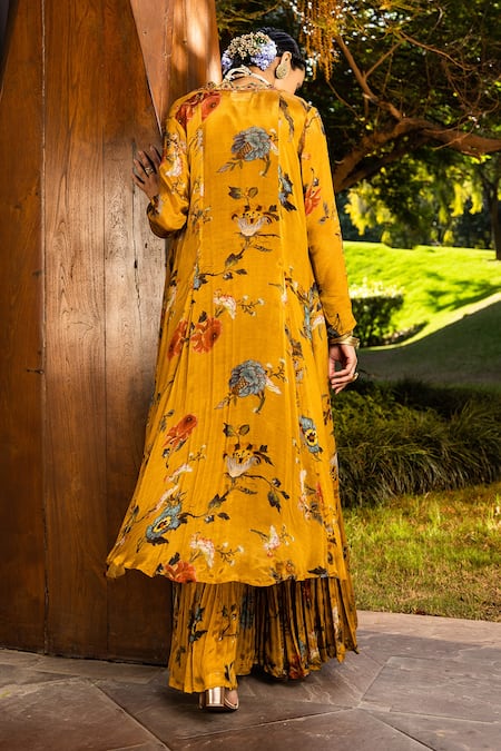 Shop_Kalista_Yellow Blouse Natural Silk, Cape And Gharara Chinnon Saira Printed & Set _at_Aza_Fashions