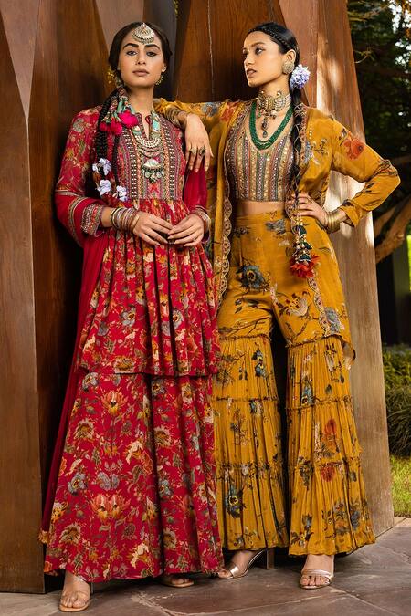 Kalista_Yellow Blouse Natural Silk, Cape And Gharara Chinnon Saira Printed & Set _Online_at_Aza_Fashions