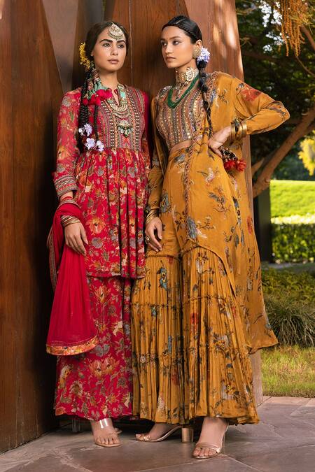 Buy_Kalista_Yellow Blouse Natural Silk, Cape And Gharara Chinnon Saira Printed & Set _Online_at_Aza_Fashions