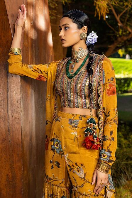 Shop_Kalista_Yellow Blouse Natural Silk, Cape And Gharara Chinnon Saira Printed & Set _Online_at_Aza_Fashions