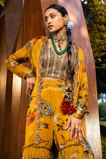 Kalista_Yellow Blouse Natural Silk, Cape And Gharara Chinnon Saira Printed & Set _at_Aza_Fashions