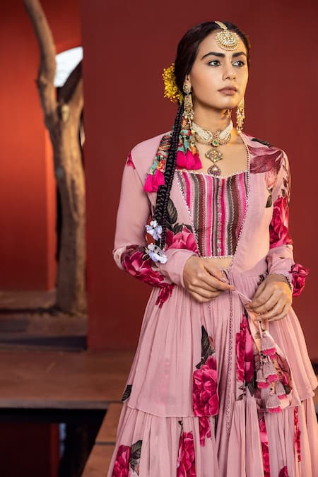 Kalista Pink Bustier Raw Silk, Cape And Sharara Sakina Hand Painted & Kurta Set Online at Aza Fashions Kalista_Pink Bustier Raw Silk, Cape And Sharara Sakina Hand Painted & Kurta Set _Online_at_Aza_Fashions