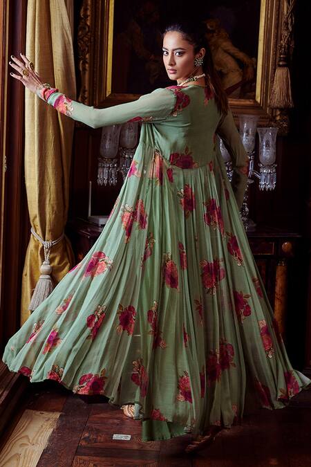 Shop Kalista Green Georgette, Cotton Silk, Mihira Printed Cape Palazzo Set at Aza Fashions Shop_Kalista_Green Georgette, Cotton Silk, Mihira Printed Cape Palazzo Set _at_Aza_Fashions