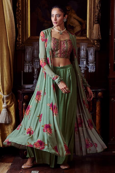 Kalista Green Georgette, Cotton Silk, Mihira Printed Cape Palazzo Set Online at Aza Fashions Kalista_Green Georgette, Cotton Silk, Mihira Printed Cape Palazzo Set _Online_at_Aza_Fashions