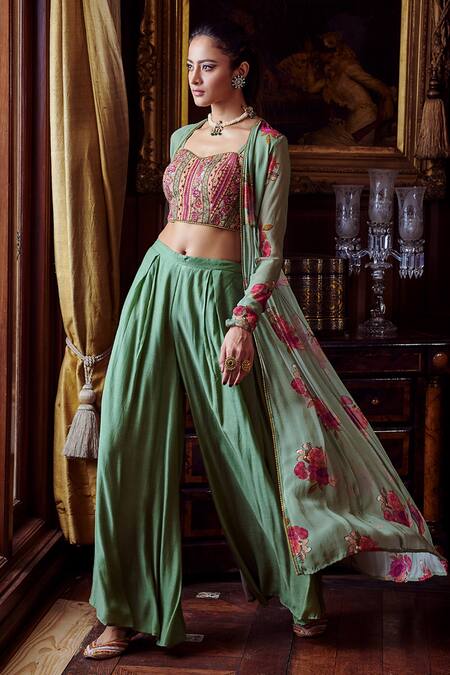 Buy Kalista Green Georgette, Cotton Silk, Mihira Printed Cape Palazzo Set Online at Aza Fashions Buy_Kalista_Green Georgette, Cotton Silk, Mihira Printed Cape Palazzo Set _Online_at_Aza_Fashions