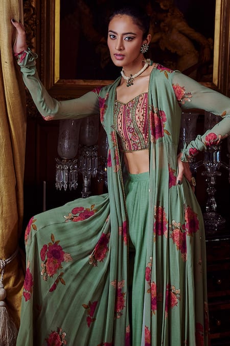 Shop Kalista Green Georgette, Cotton Silk, Mihira Printed Cape Palazzo Set Online at Aza Fashions Shop_Kalista_Green Georgette, Cotton Silk, Mihira Printed Cape Palazzo Set _Online_at_Aza_Fashions