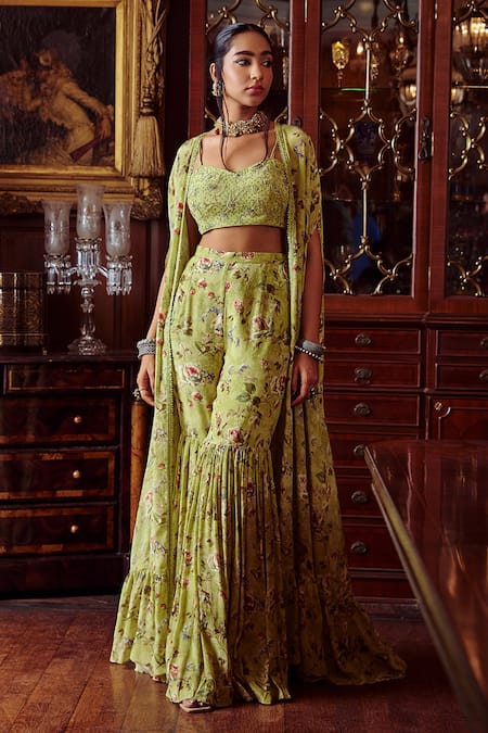 Kalista_Green Georgette, Cotton Silk, Reyhana Printed Cape Gharara Set _Online_at_Aza_Fashions