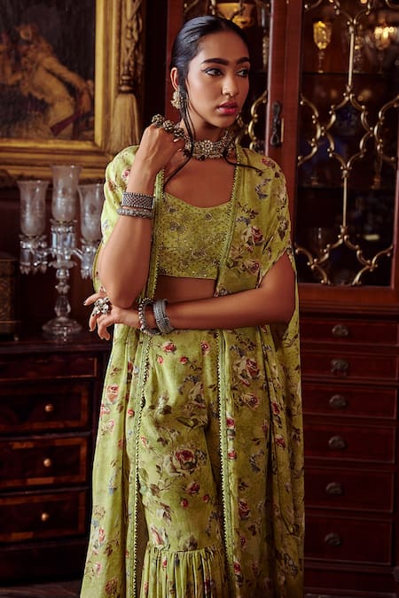 Buy_Kalista_Green Georgette, Cotton Silk, Reyhana Printed Cape Gharara Set _Online_at_Aza_Fashions