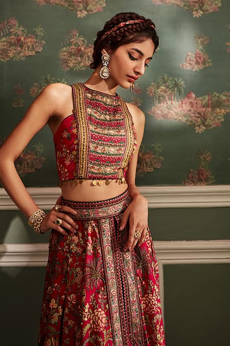 Buy_Kalista_Fuchsia Viscose Silk Floral Pattern Scarlett Printed Overlay Lehenga Palazzo Set _Online_at_Aza_Fashions