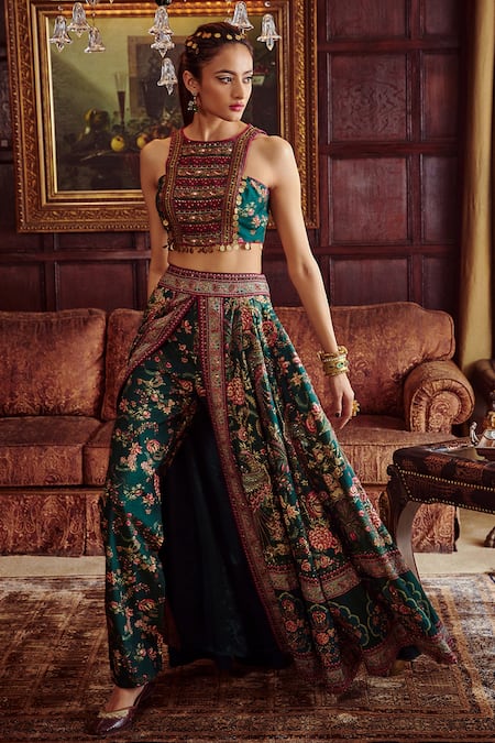 Buy_Kalista_Green Viscose Silk Floral Motifs, Scarlett Printed Overlay Lehenga Palazzo Set _Online_at_Aza_Fashions