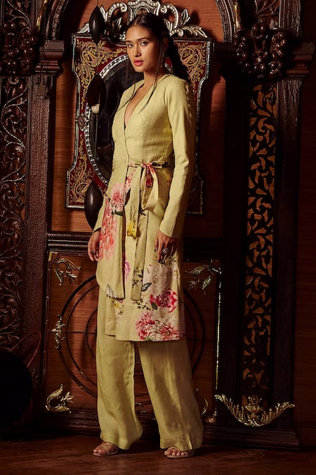 Kalista_Green Moss Crepe Floral Motifs V Neck Cynthia Printed Jacket And Pant Set _Online_at_Aza_Fashions