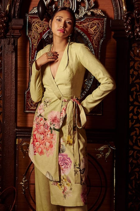 Shop_Kalista_Green Moss Crepe Floral Motifs V Neck Cynthia Printed Jacket And Pant Set _Online_at_Aza_Fashions