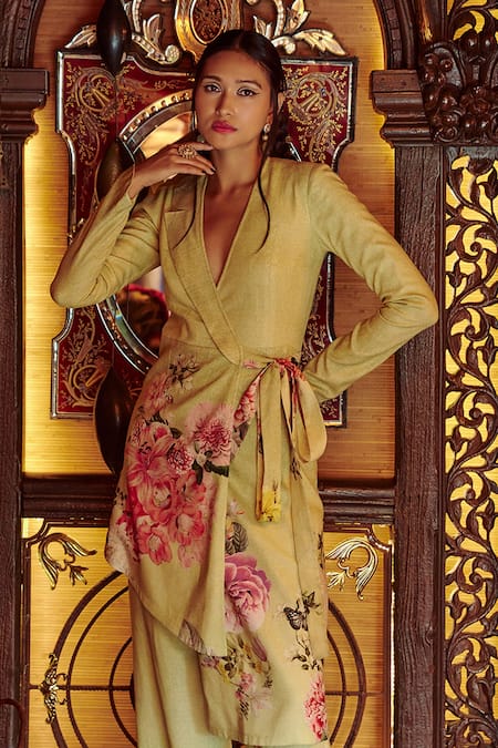 Kalista_Green Moss Crepe Floral Motifs V Neck Cynthia Printed Jacket And Pant Set _at_Aza_Fashions