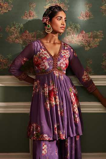Kalista Purple Dupatta Net, Kurta And Gharara Viscose Georgette Kiara Print Peplum Set Online at Aza Fashions Kalista_Purple Dupatta Net, Kurta And Gharara Viscose Georgette Kiara Print Peplum Set _Online_at_Aza_Fashions