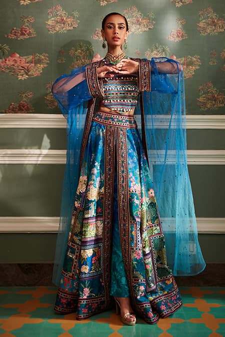 Buy_Kalista_Blue Blouse And Lehenga Skirt Viscose Silk, Mehreen Printed Overlay Palazzo Set _Online_at_Aza_Fashions