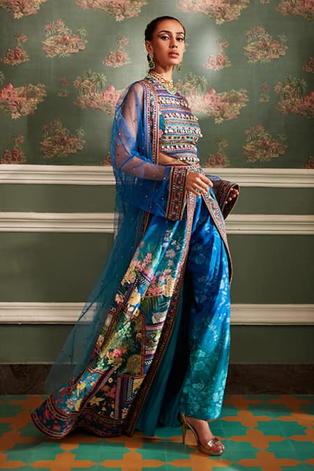 Shop_Kalista_Blue Blouse And Lehenga Skirt Viscose Silk, Mehreen Printed Overlay Palazzo Set _Online_at_Aza_Fashions