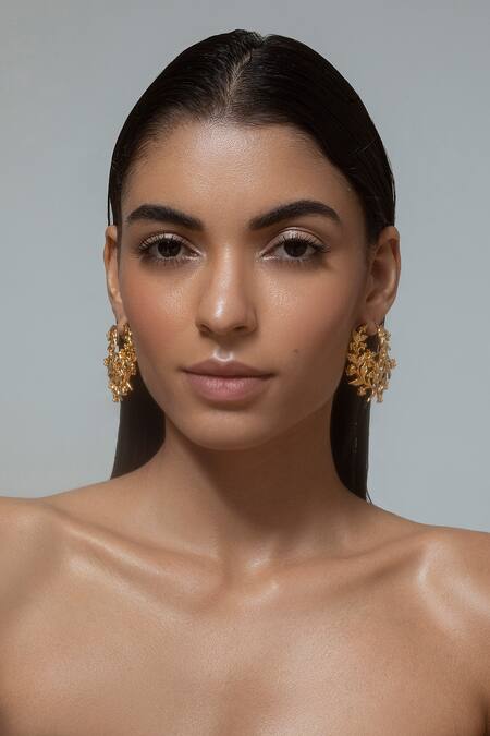 Buy_Opalina Soulful Jewellery_Gold Plated Embroidery Handcrafted Floral Carved Hoops _Online_at_Aza_Fashions